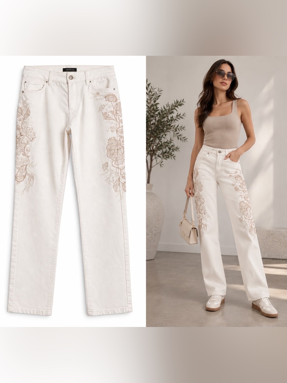 WHBM Cream Straight Ankle Leg Jeans with Beige Floral Embroidery Size 8R